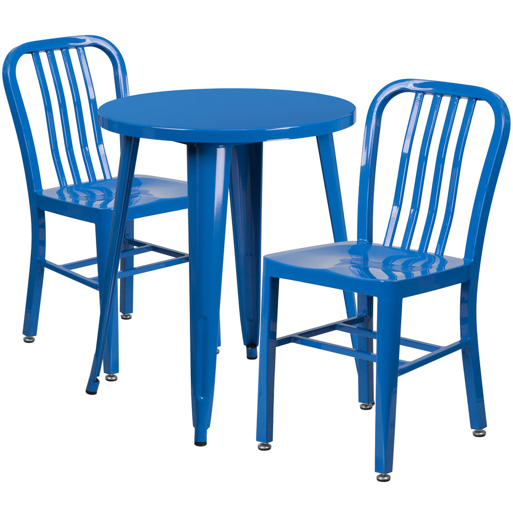 Image of 24" Round Blue Metal Indoor-Outdoor Table Set with 2 Vertical Slat Back Chairs [CH-51080TH-2-18VRT-BL-GG]