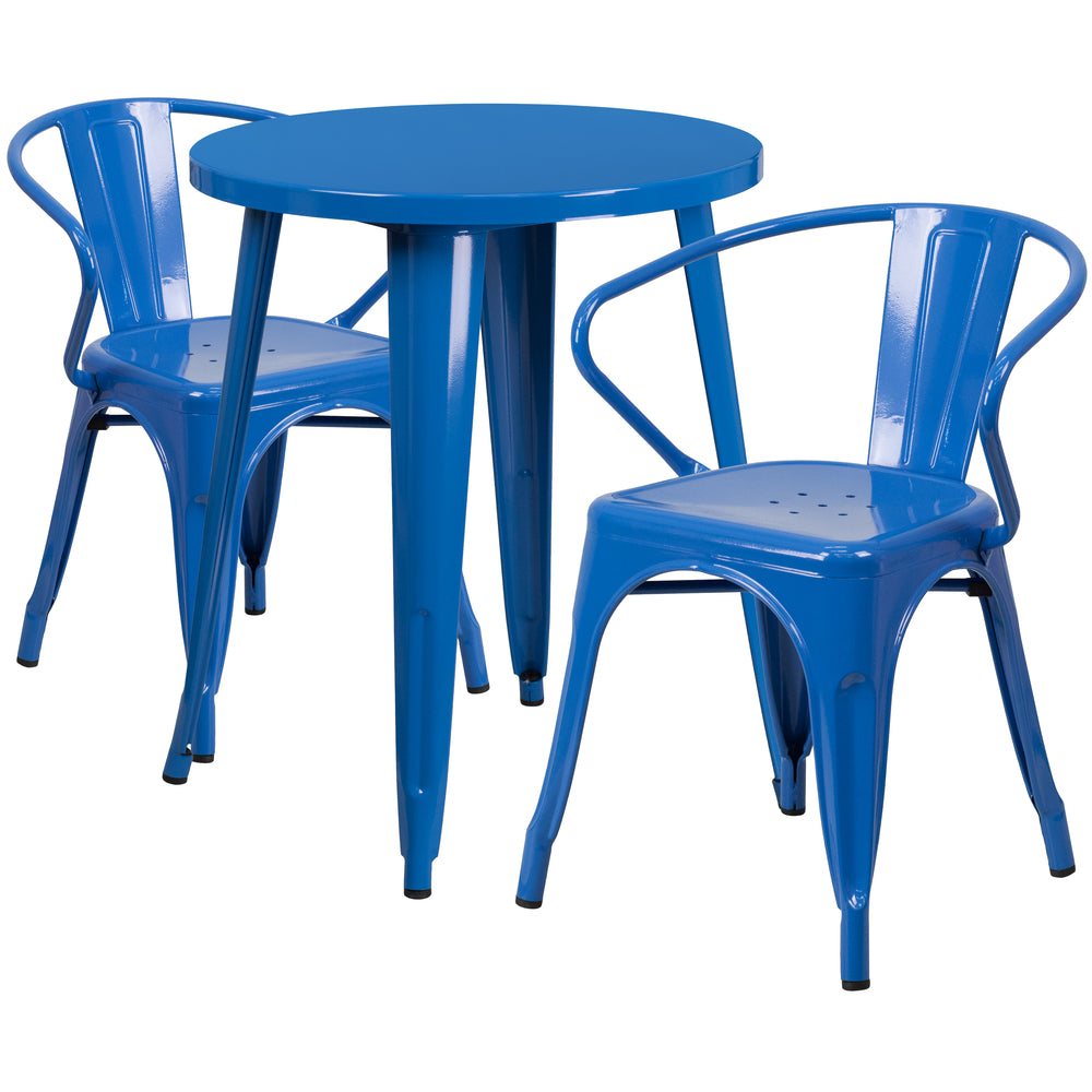 Image of 24" Round Blue Metal Indoor-Outdoor Table Set with 2 Arm Chairs (CH-51080TH-2-18ARM-BL-GG)