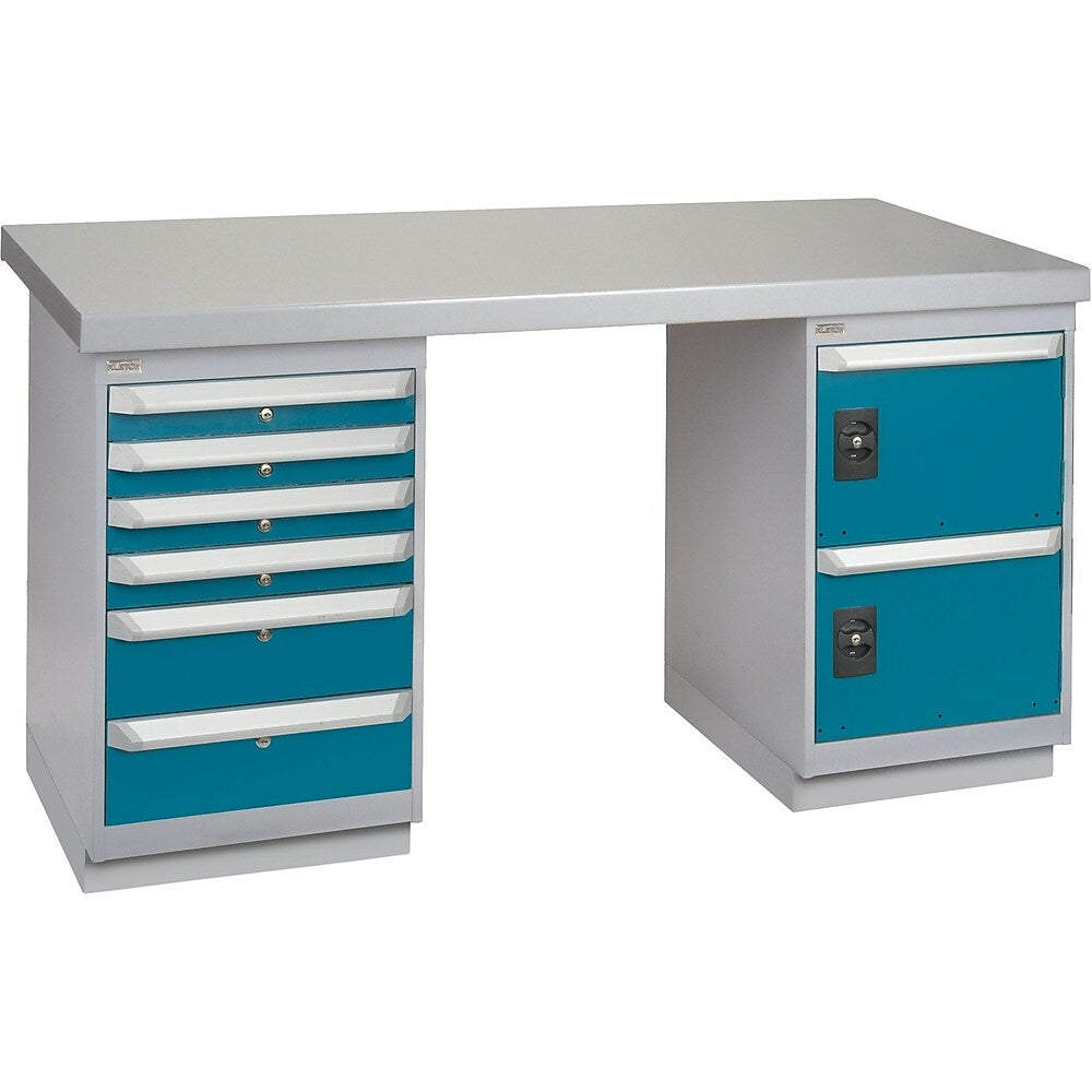 Image of Kleton Workbench, Wood Filled Steel Top, 2 Pedestals, 6 Drawers, 2 Doors, 30"W. x 72"L. x 34"H., Grey