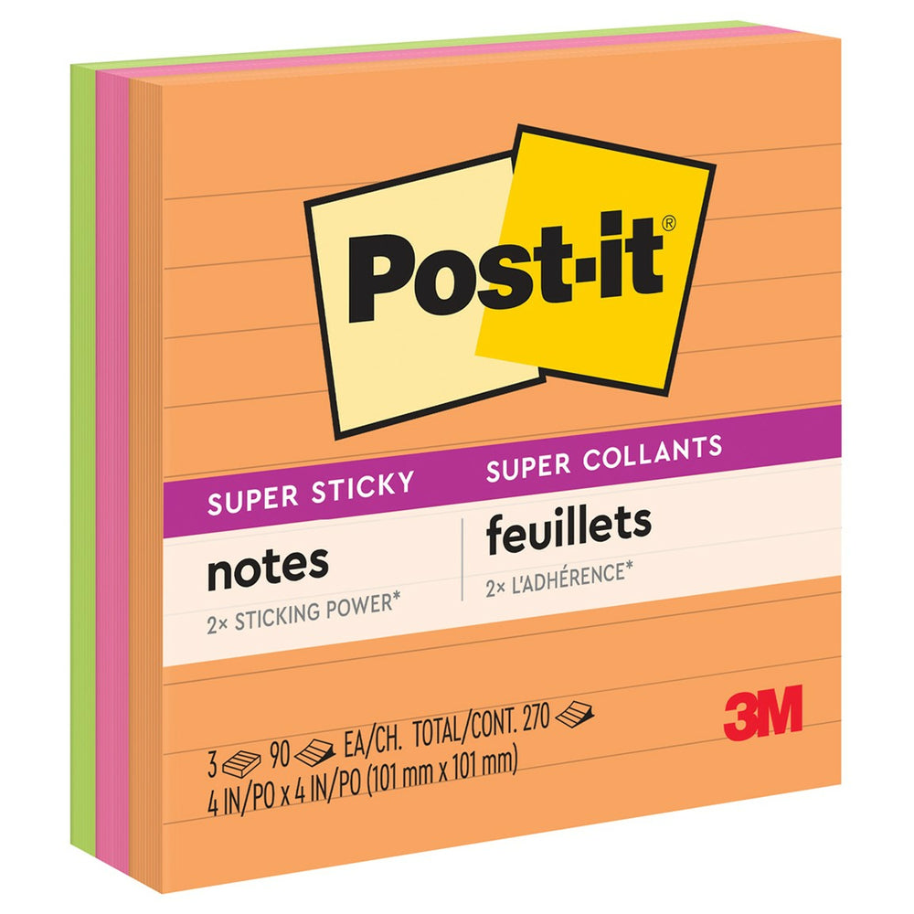 Image of Post-it Super Sticky Notes - 4" x 4" - Energy Boost Collection - Lined - 270 sheets - 3 Pack, Multicolour