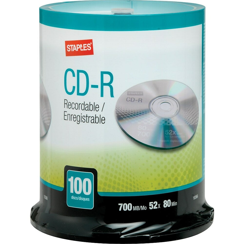 Image of Staples CD-R 52x 700MB/80min, 100 Pack, 100 Spindle