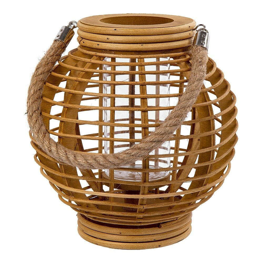 Image of Truu Design Round Wooden Rattan Lantern with Rope Handle, 9.5 x 9 inches, Brown, Black