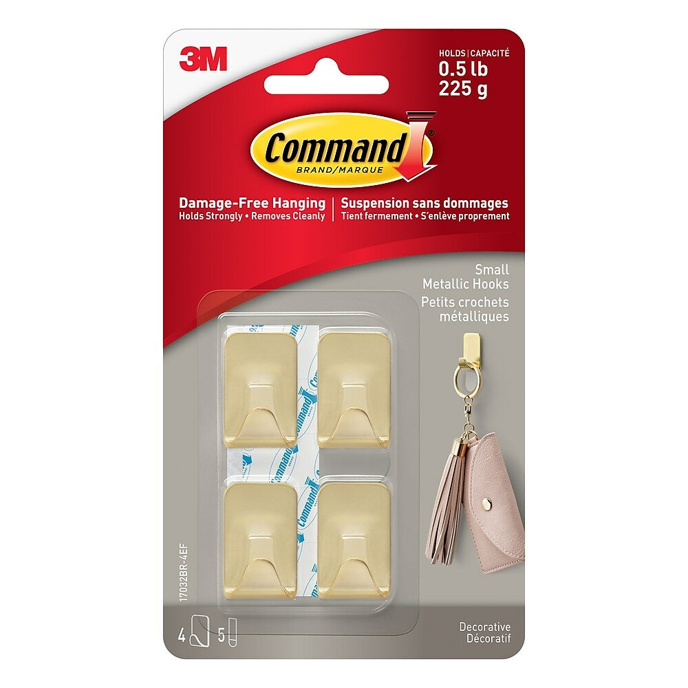 Image of Command Small Metallic Hooks, 17032BR-4EF, Brass Colour, 4 Hooks, 5 Strips, 4 Pack