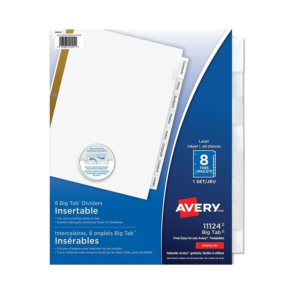 Image of Avery Big Tab Extra Wide Insertable Dividers for Laser and Inkjet Printers - 8 Tabs - Clear