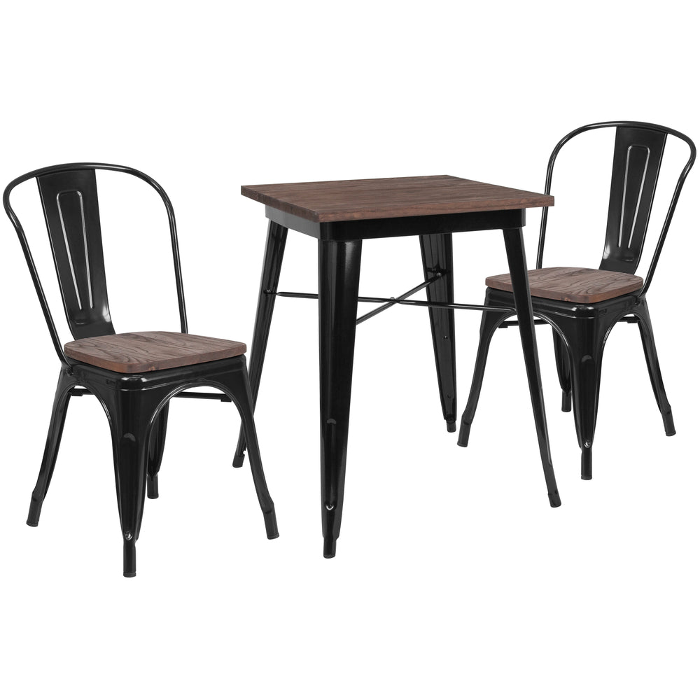 Image of Flash Furniture 23.5" Square Black Wood Top Metal Table Set and 2 Stack Chairs