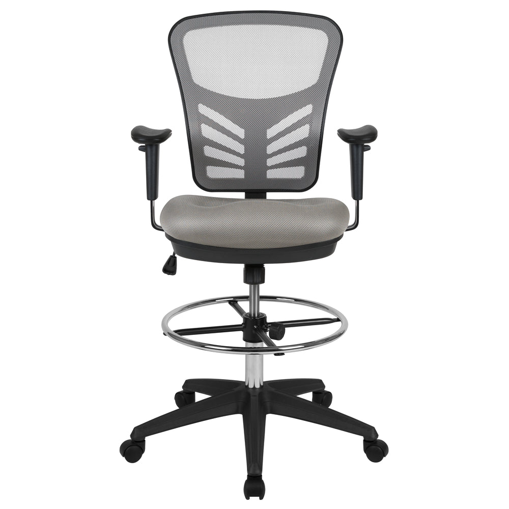 Image of Flash Furniture Mid-Back Mesh Ergonomic Drafting Chair with Adjustable Chrome Foot Ring & Adjustable Arms - Light Grey