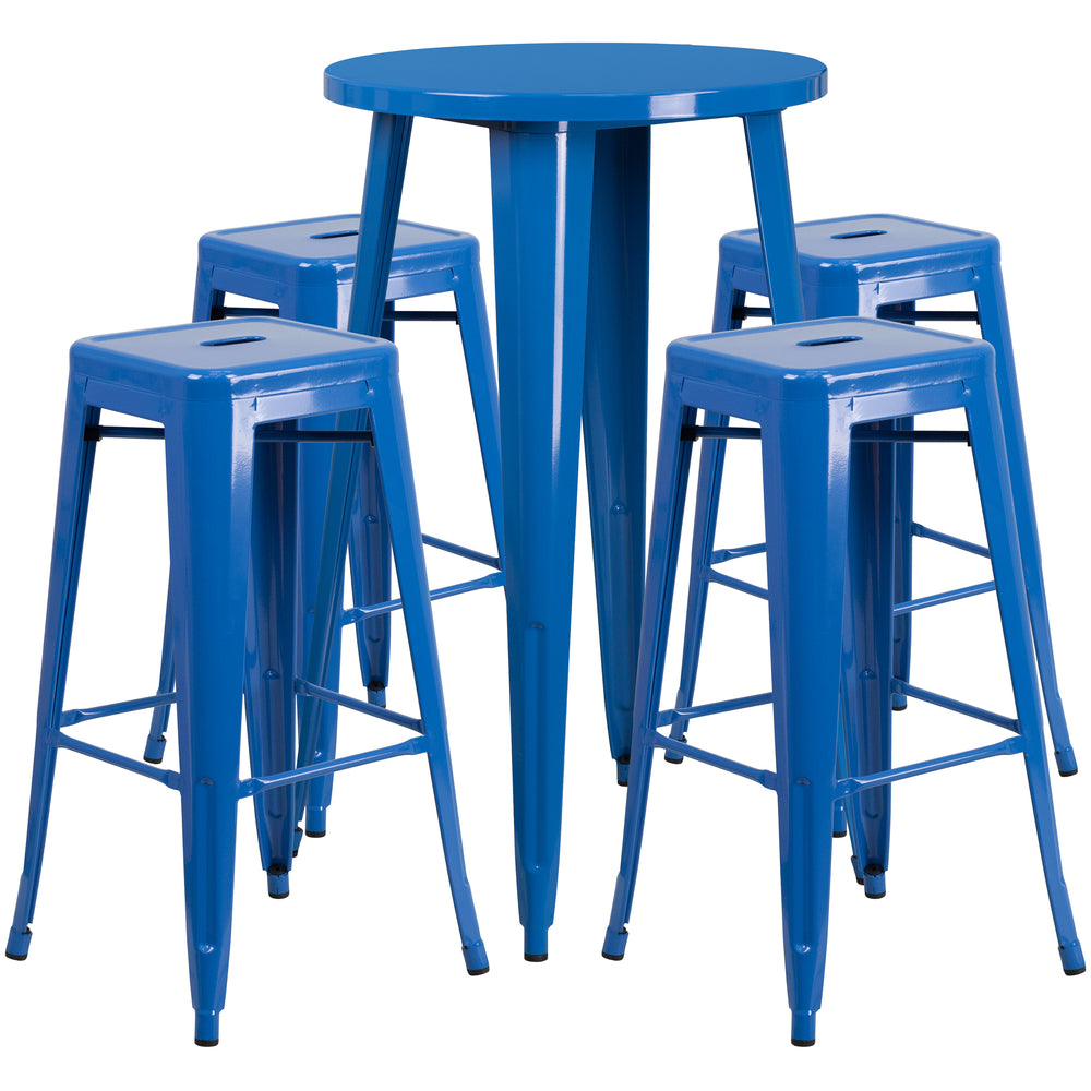 Image of 24" Round Blue Metal Indoor-Outdoor Bar Table Set with 4 Square Seat Backless Barstools (CH-51080BH-4-30SQST-BL-GG)