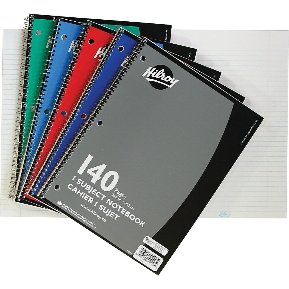Image of Hilroy 1-Subject Notebook, Coil, 7mm College Ruled Sheets, 10-1/2" x 8", Assorted Colours, 140 Pages