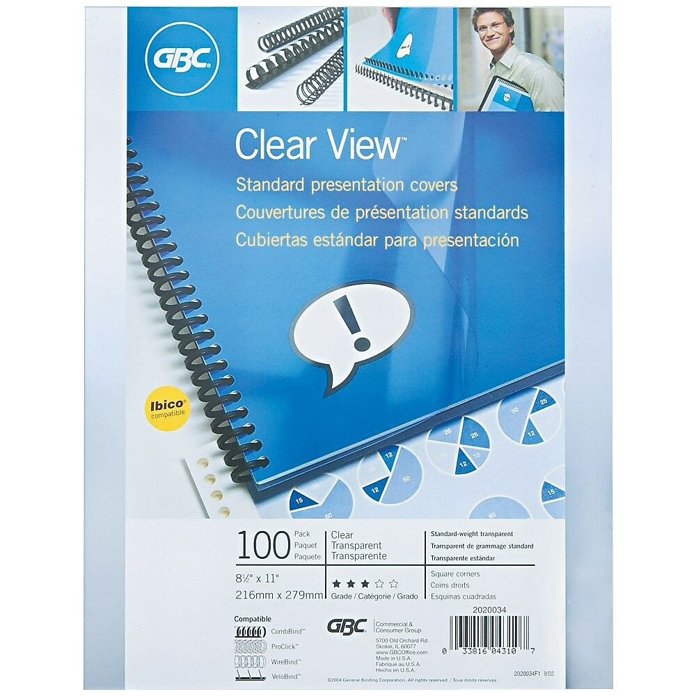Image of GBC Clear View Standard Presentation Covers, 11" x 8-1/2", Square Corners, 100 Pack