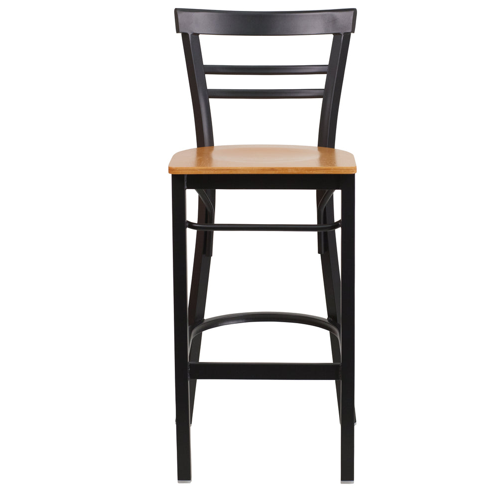 Image of Flash Furniture HERCULES Series Black Two-Slat Ladder Back Metal Restaurant Barstool - Natural Wood Seat - 2 Pack