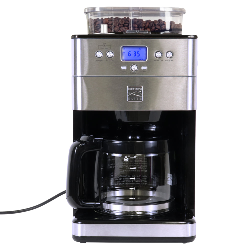 Image of Kenmore Elite Programmable 12-Cup Automatic Timer Brew Grind and Brew Coffee Maker with Burr Grinder, Silver