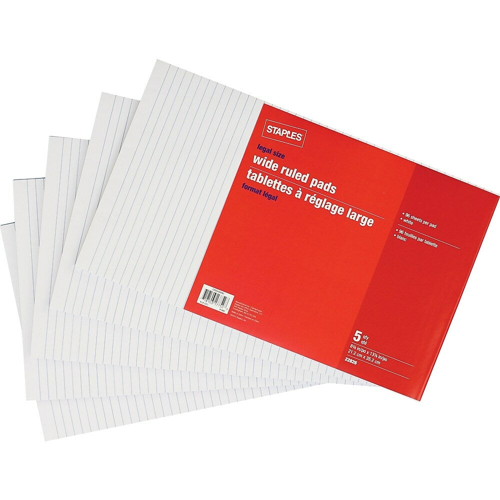 Image of Staples Legal Size Wide Ruled White Paper Pads - 96 Sheets - 5 Pack