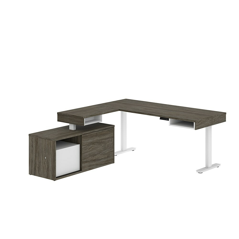 Image of Bestar Pro-Vega L-Shaped Standing Desk with Credenza - Walnut Grey/White, Brown