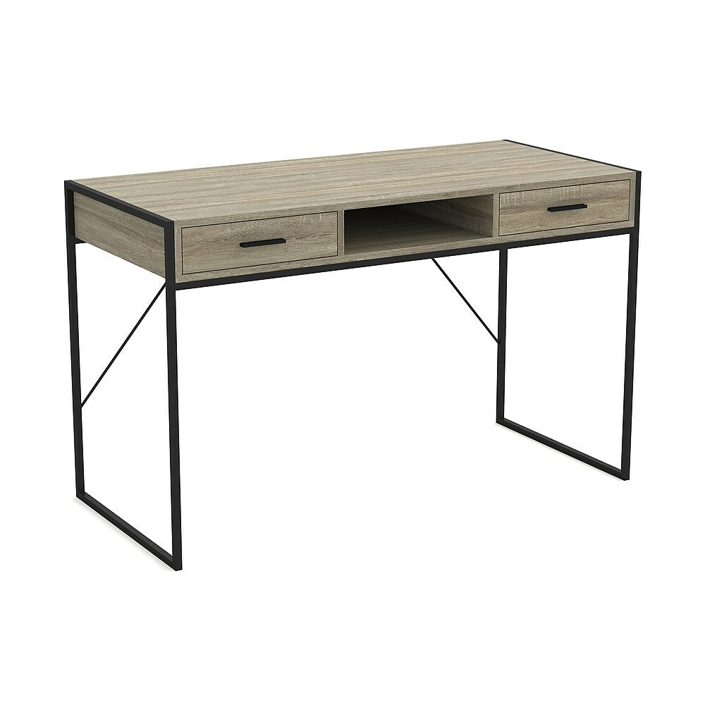 Image of Safdie & Co. 81047.Z.74 Computer Desk with Two Drawers, One Shelf and Black Metal Frame 48"L, Grey Wood