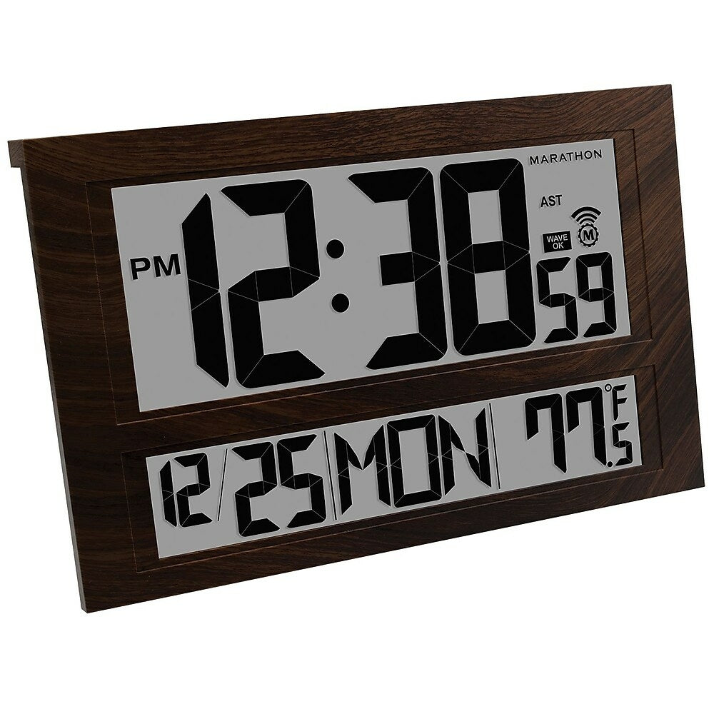 Image of Marathon Commercial Grade Jumbo Atomic Wall Clock with 6 Time Zones - Indoor Temperature & Date - Wood Tone (CL030025WD), Brown