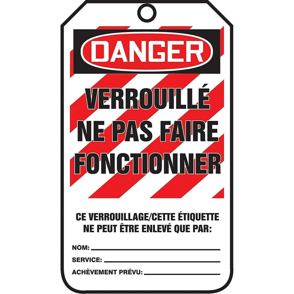 Image of Lockout Safety Tags, Danger; Verouille Ne Pas Fair Fonctionner, SAU881, 5 Pack, White