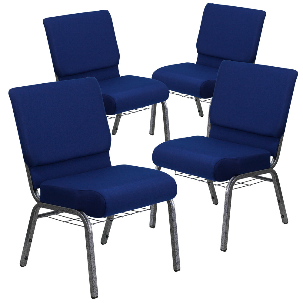 Image of Flash Furniture HERCULES Series 21"W Church Chair with Cup Book Rack with Silver Vein Frame - Navy Blue Fabric