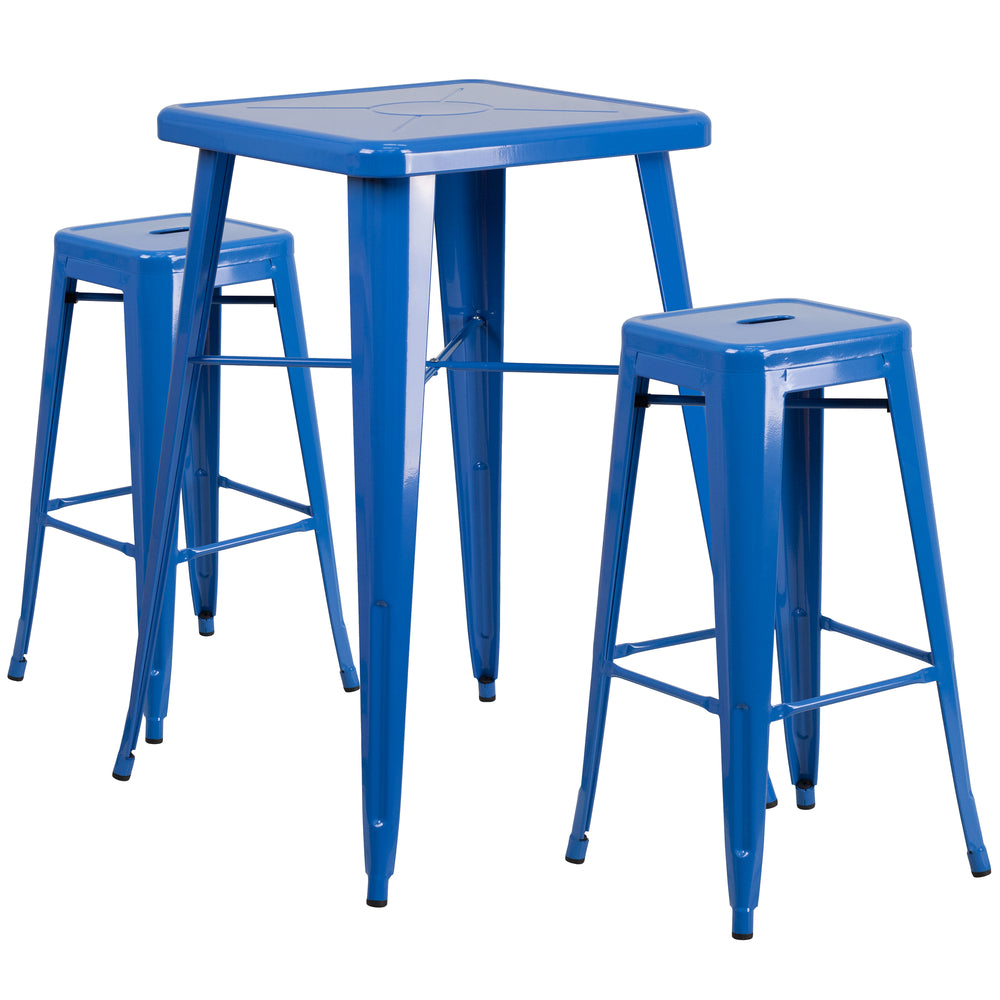 Image of Flash Furniture Metal Indoor/Outdoor Bar Table Set with 2 Backless Barstools, Blue (CH31330B230SQBL)