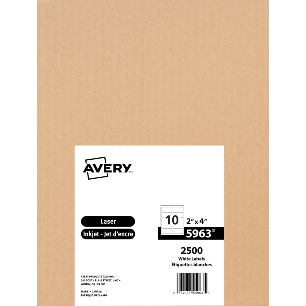 Image of Avery 5963 Permanent Laser Shipping Labels with TrueBlock, 4" x 2", White, 2500 Pack