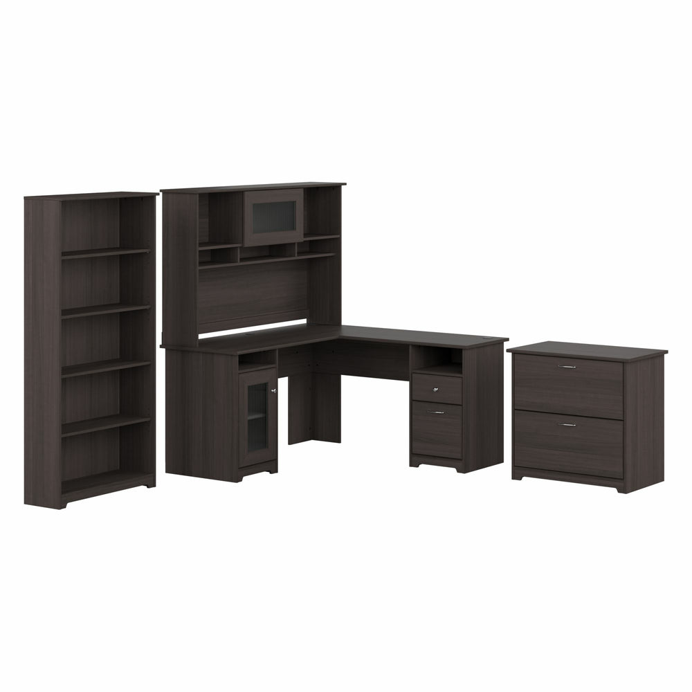 Image of Bush Furniture Cabot 60W L Shaped Computer Desk with Hutch - File Cabinet and Bookcase - Heather Gray (CAB010HRG), Grey