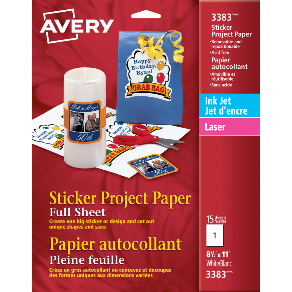 Image of Avery Sticker Project Paper, White, Inkjet, 8-1/2" x 11", 15 Pack (03383)