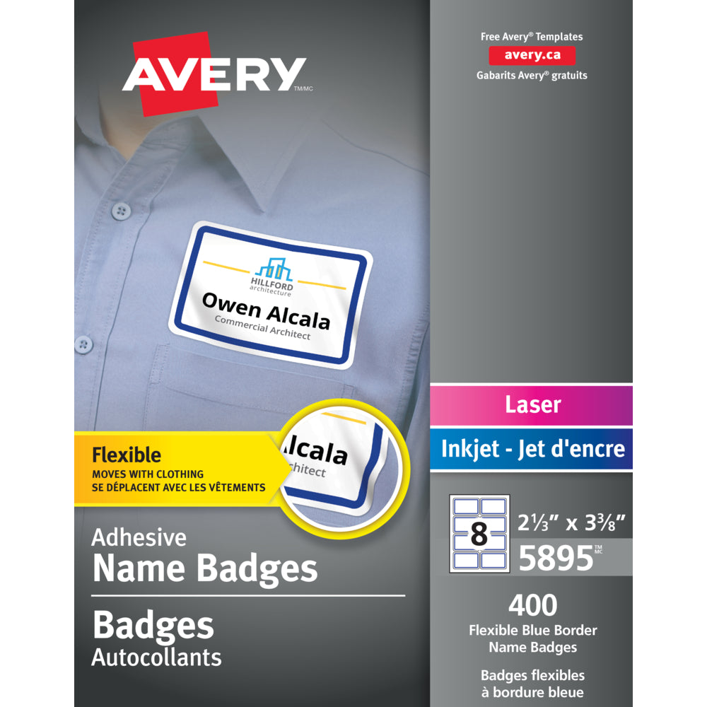 Image of Avery Self-Adhesive Flexible Laser/Inkjet Name Badge Labels - 3-3/8" x 2-1/3" - White with Blue Border - 400 Pack