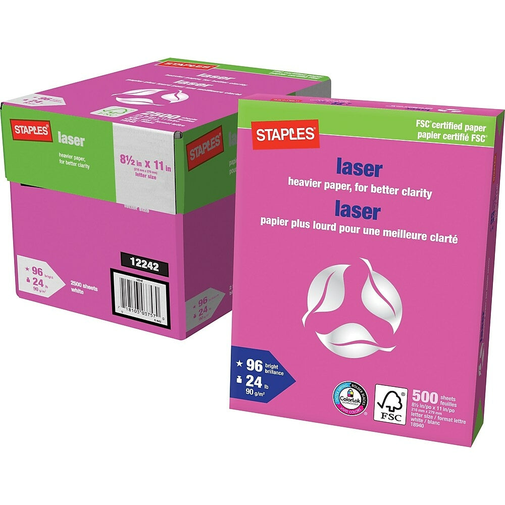 Image of Staples FSC-Certified Laser Paper - 24 lb. - 8.5" x 11" - White - 2500 Sheets