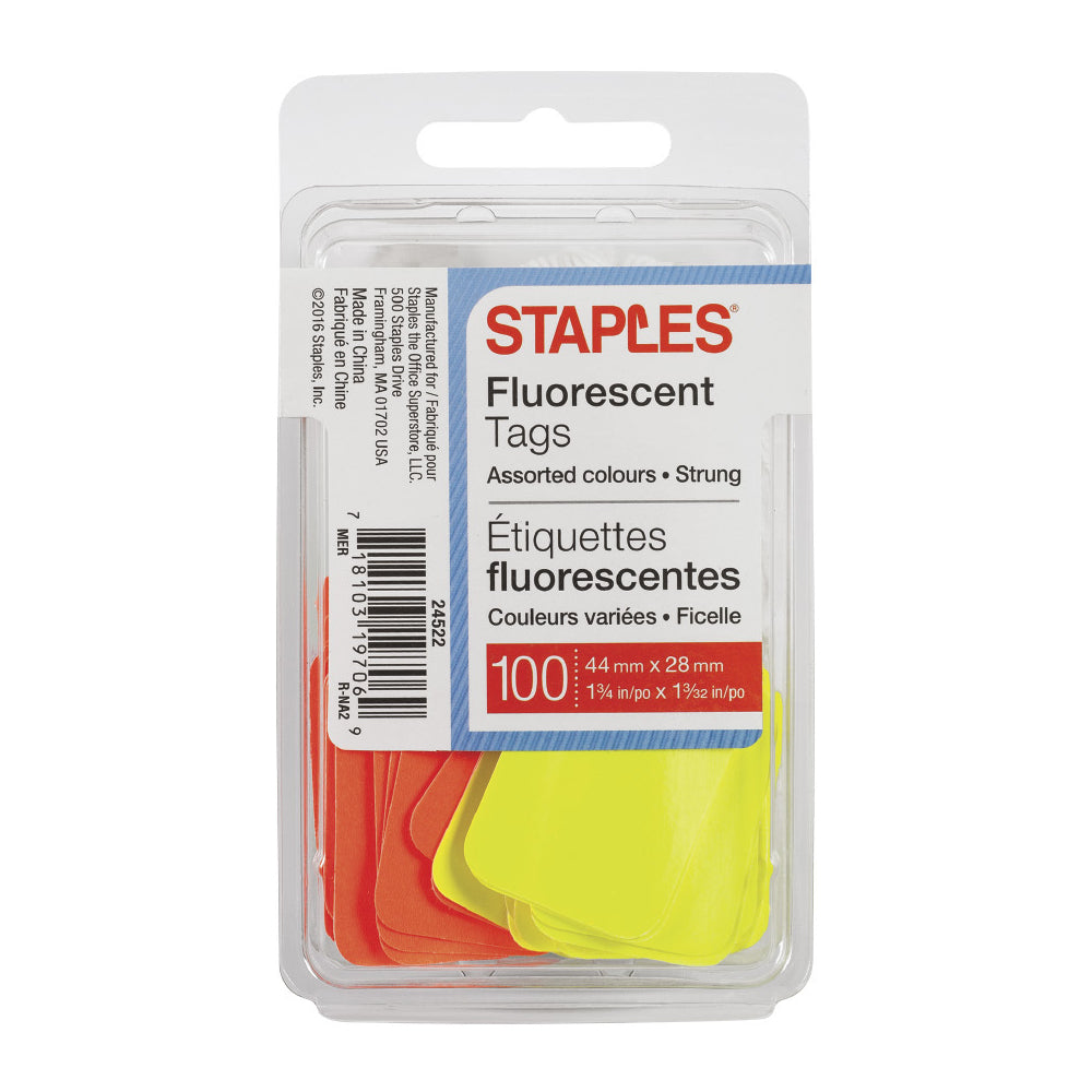 Image of Staples Retail Marking and Pricing Tags with String - 1-3/4" x 1-3/32" - Fluorescent - 100 Pack