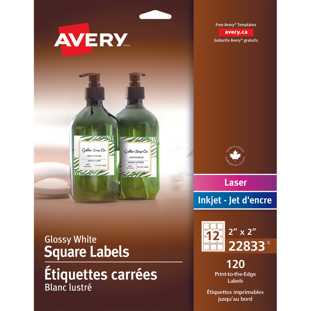 Image of Avery Glossy Square Labels - 2" x 2" - White - 120 Labels, 120 Pack