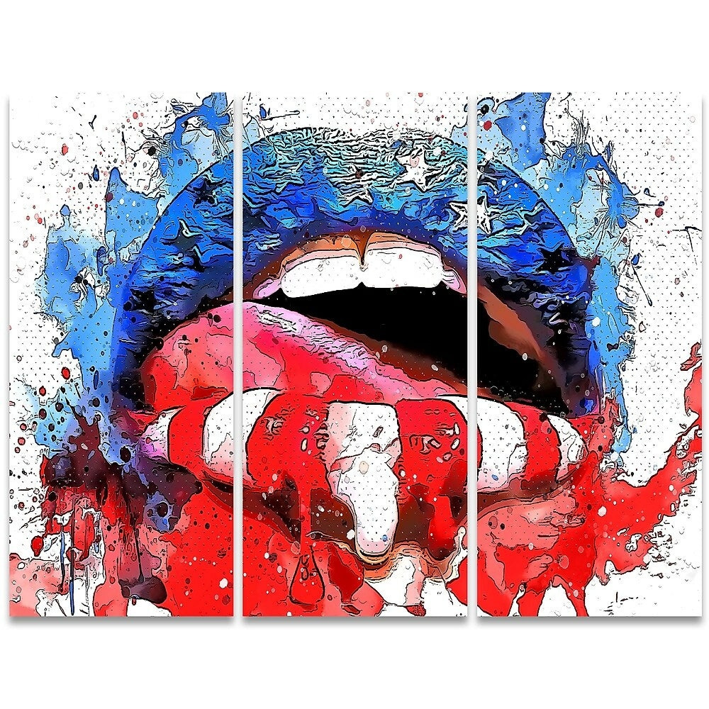 Image of Designart Red White and Blue Lips Sensual Canvas Art Print, 3 Panels, (PT2939-36 - 28)