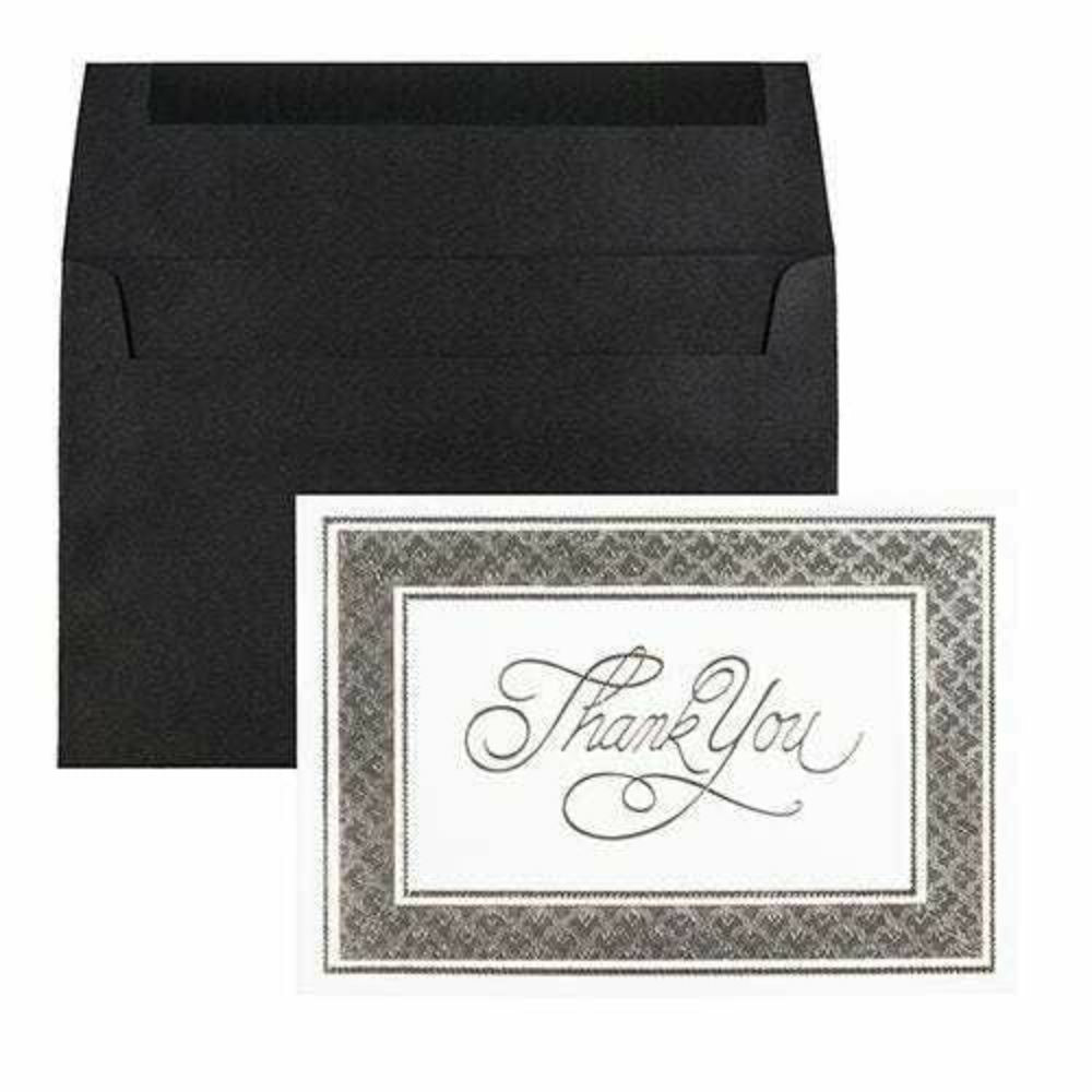 Image of JAM Paper Thank You Card Sets - Silver Border Cards with Black Linen Envelopes - 25 Cards and Envelopes