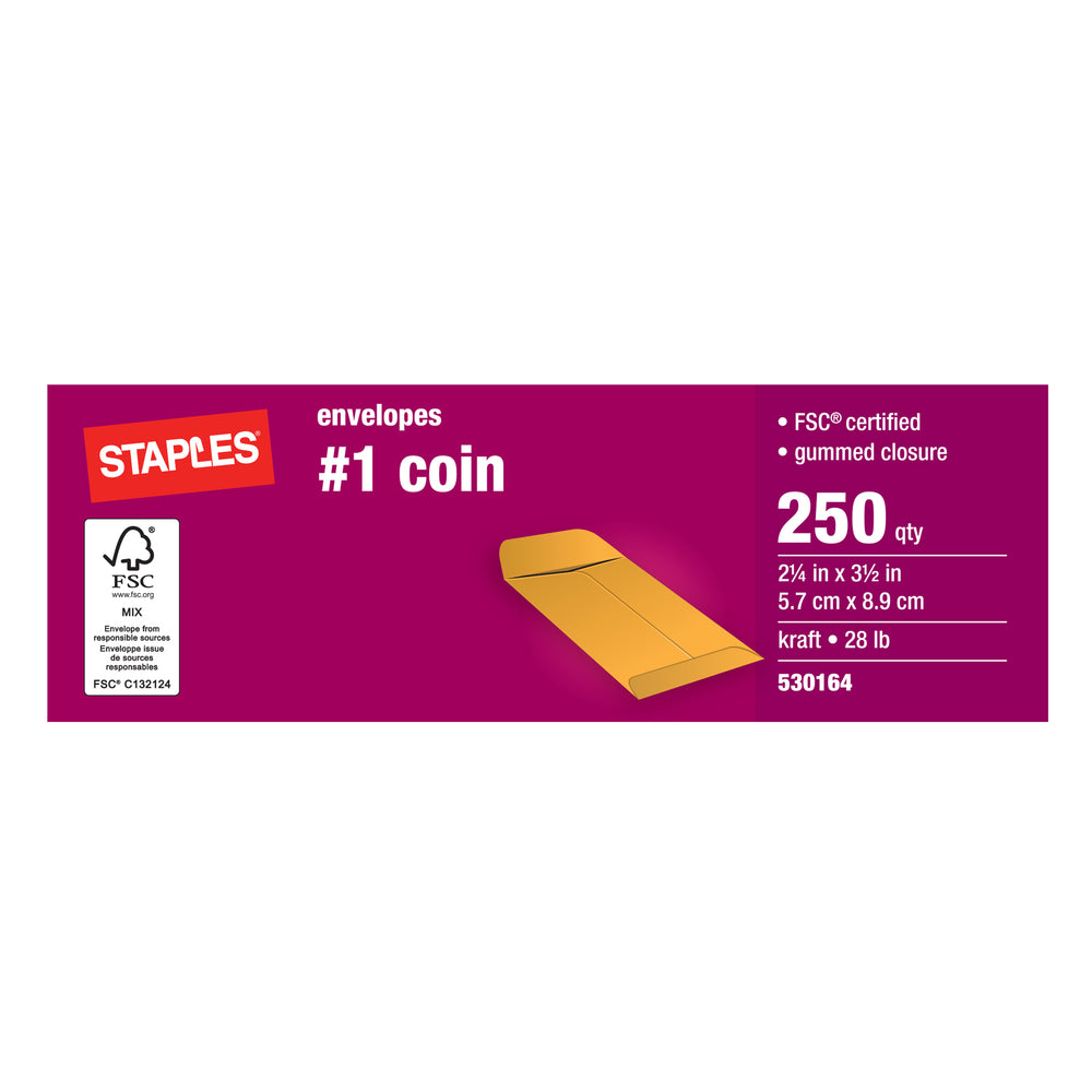 Image of Staples #1 Kraft Coin Envelopes with Gummed Flaps - 2-1/4" x 3-1/2" - Brown - 250 Pack
