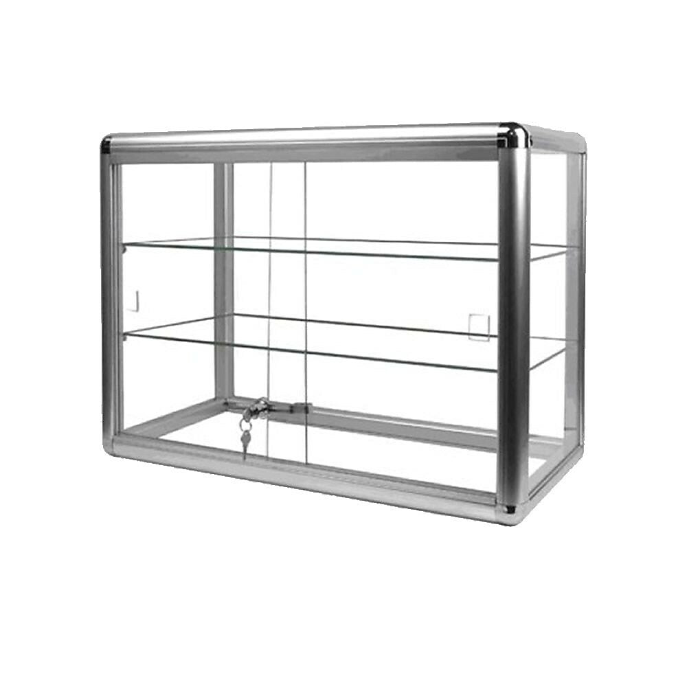 Image of Eddie's Hang-Up Display Ltd. Glass Aluminum Countertop Display Case, Locking, 2 Shelves, Silver (165063)