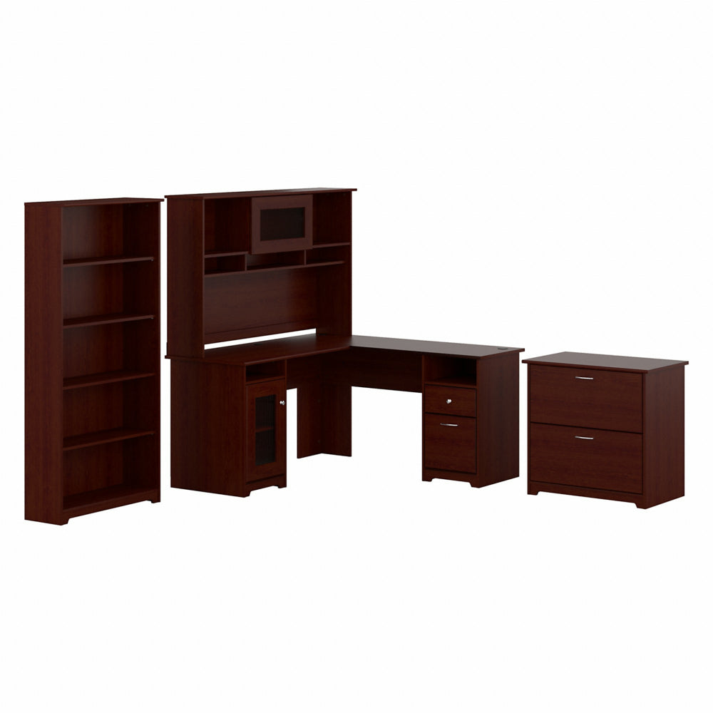 Image of Bush Furniture Cabot L-Shaped Desk with Hutch, Lateral File Cabinet and 5 Shelf Bookcase - Harvest Cherry, Brown