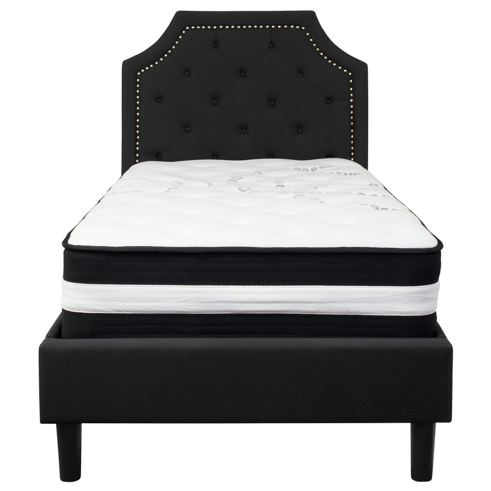 Image of Flash Furniture Brighton Twin Size Tufted Upholstered Platform Bed with Pocket Spring Mattress - Black Fabric