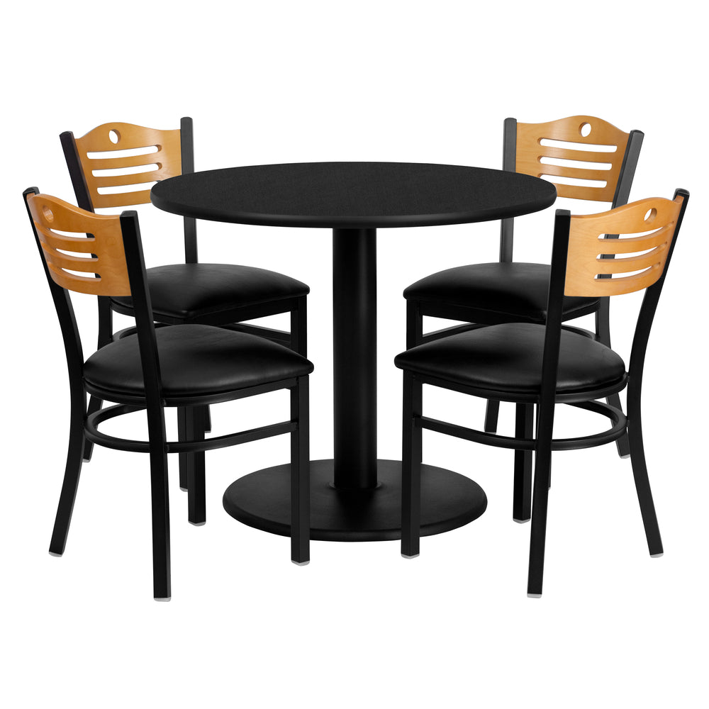 Image of Flash Furniture 36" Round Black Laminate Table Set with 4 Wood Slat Back Metal Chairs - Black Vinyl Seat