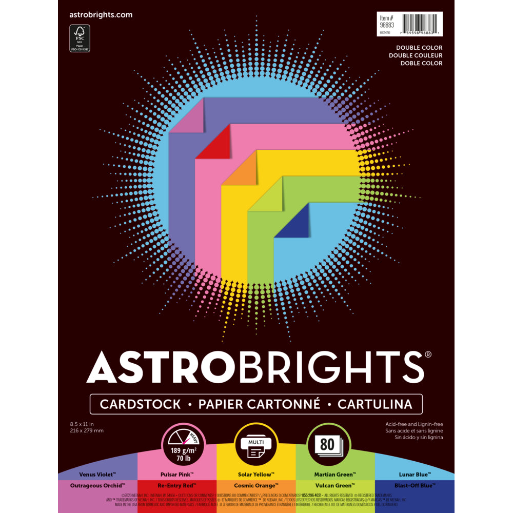 Image of Astrobrights Colored Cardstock, 8.5" x 11", 70 lb/189 gsm, "Double Color" 5 Color Assortment, 80 Pack (98883)