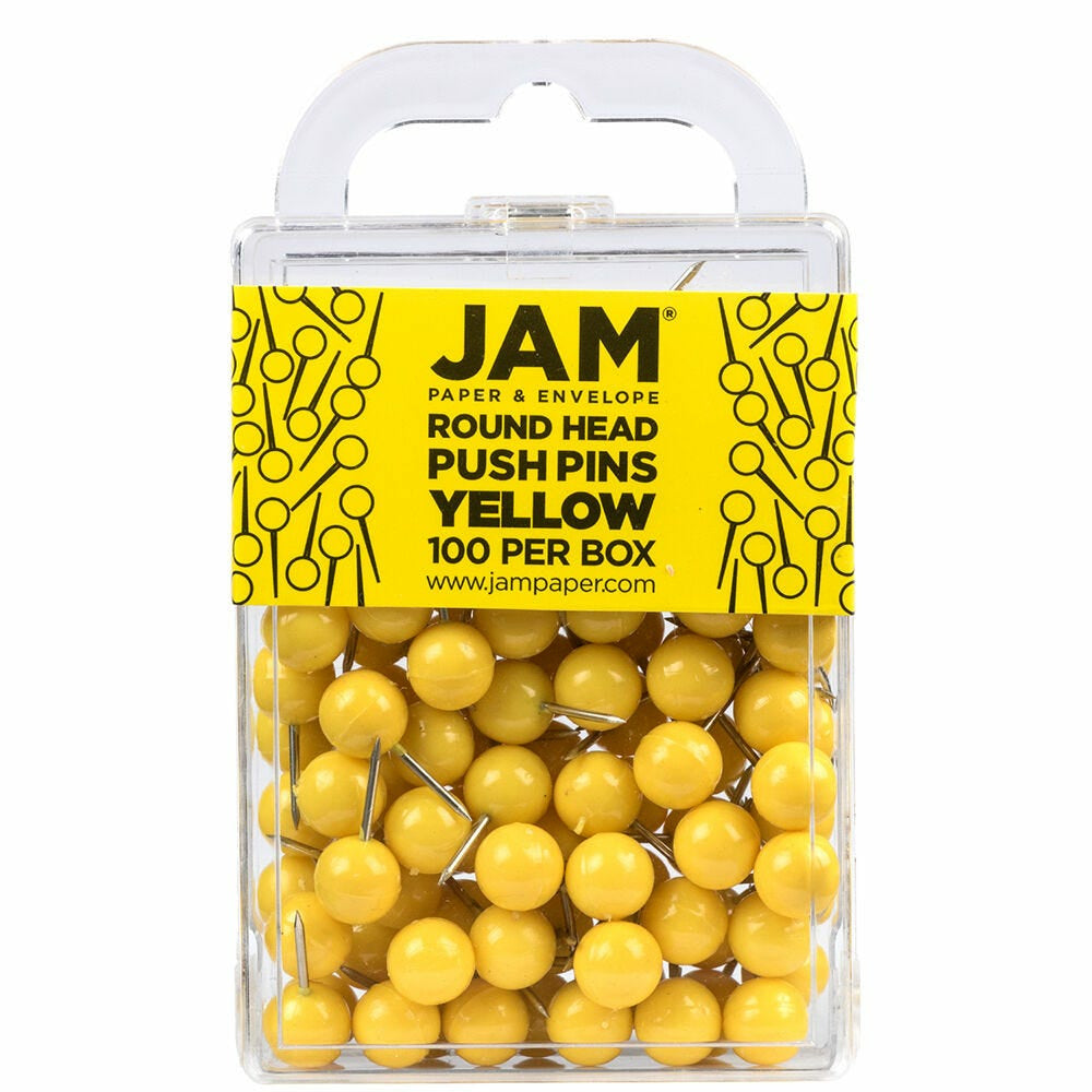 Image of JAM Paper Colorful Push Pins - Round Head Map Thumb Tacks - Yellow - 100 Pack