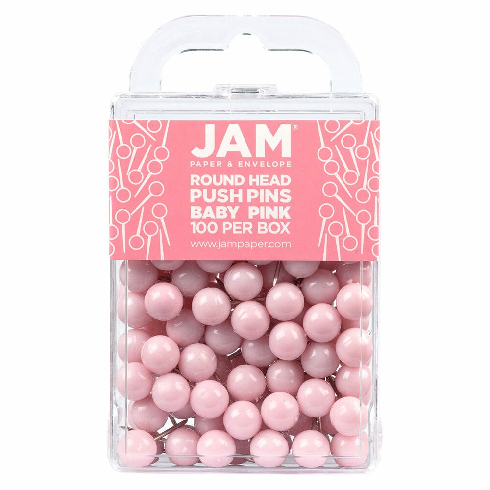 Image of JAM Paper Colorful Push Pins - Round Head Map Thumb Tacks - Baby Pink Pastel - 100 Pack