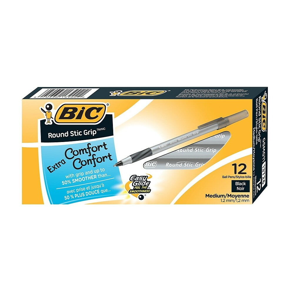 Image of BIC Ultra Round Stic Grip Ballpoint Stick Pens - 1.2mm - Black - 12 Pack