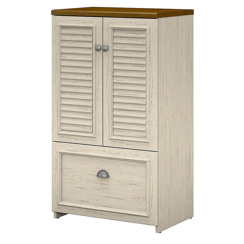 Image of Bush Furniture Fairview Storage Cabinet with Drawer, Antique White/Tea Maple (WC53280-03)