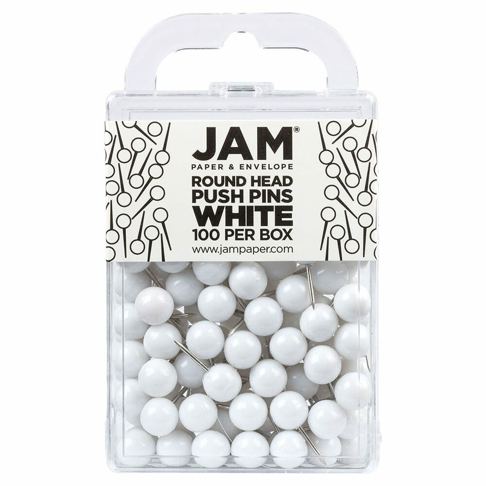 Image of JAM Paper Colorful Push Pins - Round Head Map Thumb Tacks - White - 100 Pack