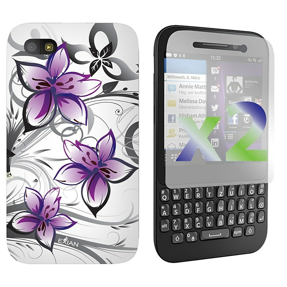 Image of Exian Floral Pattern Case for Blackberry Q5 - White/Purple