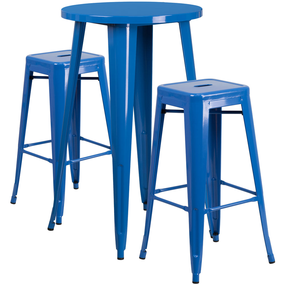 Image of 24" Round Blue Metal Indoor-Outdoor Bar Table Set with 2 Square Seat Backless Barstools (CH-51080BH-2-30SQST-BL-GG)