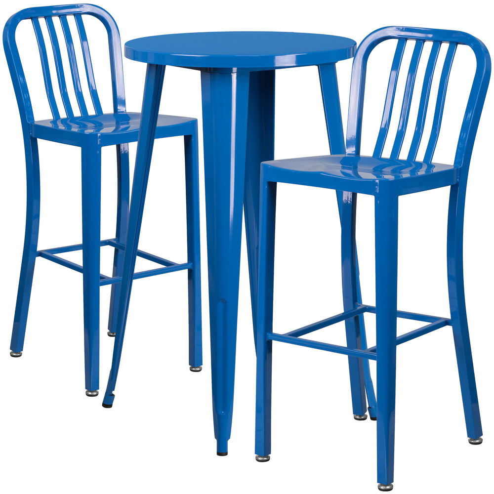 Image of 24" Round Blue Metal Indoor-Outdoor Bar Table Set with 2 Vertical Slat Back Barstools [CH-51080BH-2-30VRT-BL-GG]