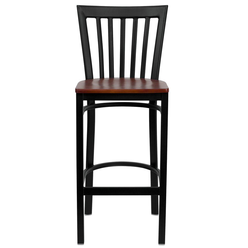 Image of Flash Furniture HERCULES Series Black School House Back Metal Restaurant Barstool - Cherry Wood Seat