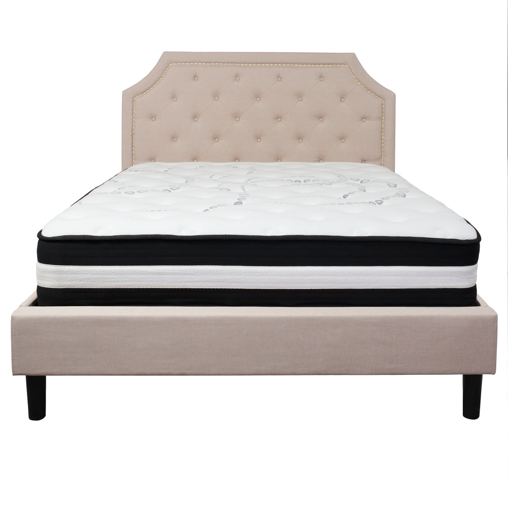 Image of Flash Furniture Brighton Queen Size Tufted Upholstered Platform Bed in Beige Fabric with Pocket Spring Mattress