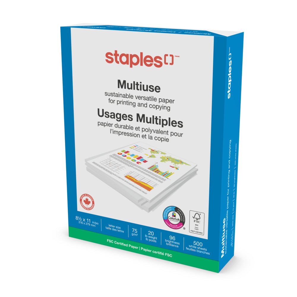 Image of Staples FSC-Certified Multiuse Paper - 20 lb. - 8.5" x 11" - White - 500 Sheets