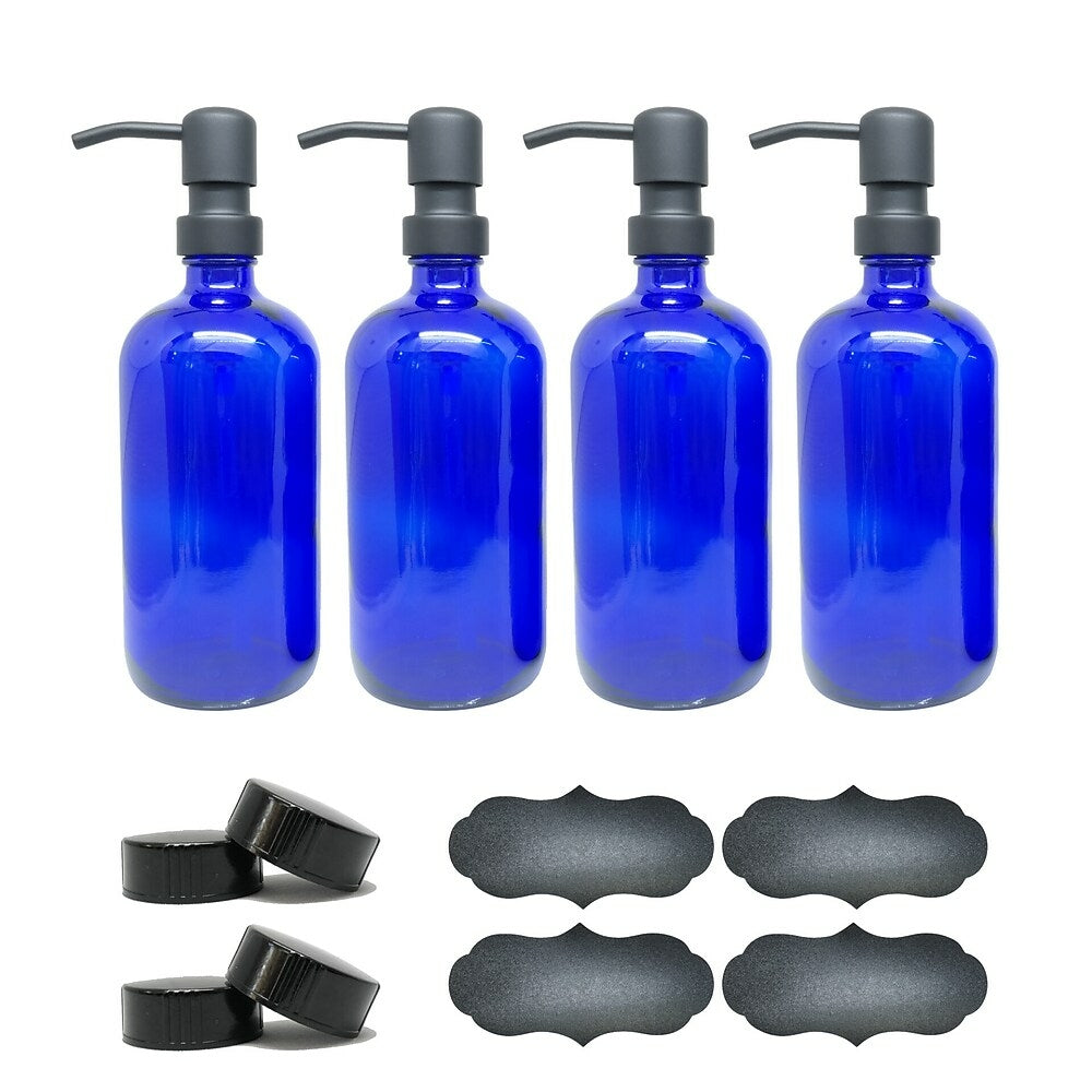 Image of Wamaco 16oz Glass Bottle with Liquid Pump, Blue, 4 Pack