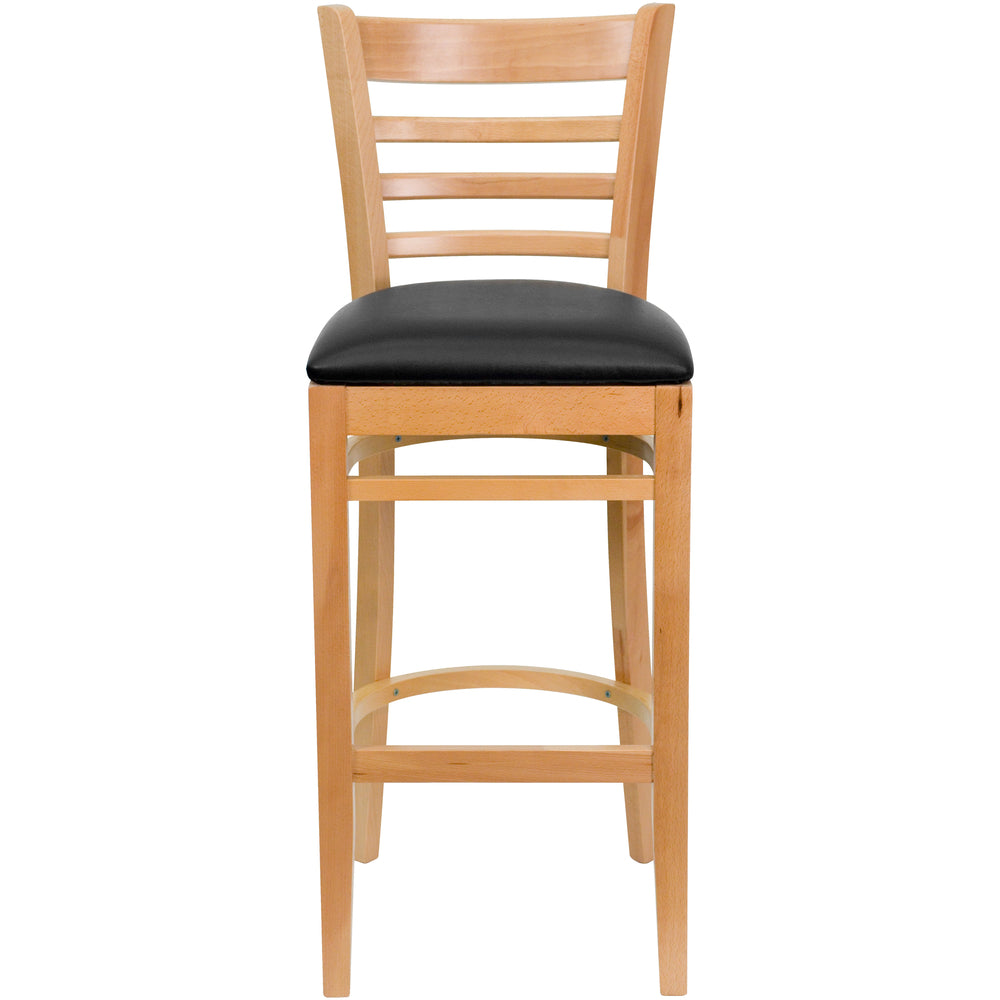 Image of Flash Furniture HERCULES Ladder Back Walnut Wood Restaurant Barstool - Black Vinyl Seat - 2 Pack